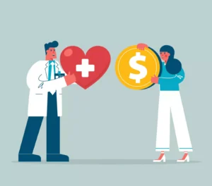 Animated image of a doctor and woman holding healthcare and money symbols